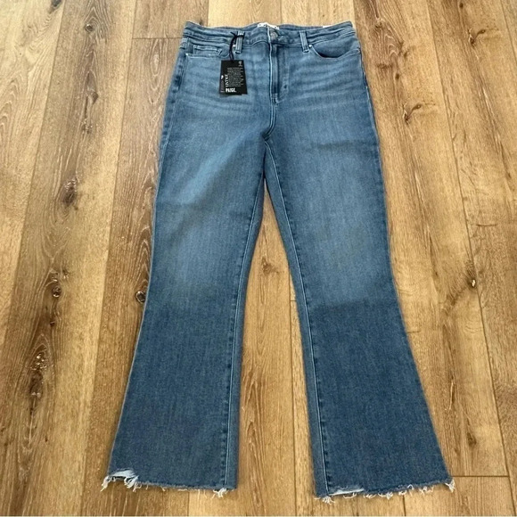 Paige Claudine High-Rise Ankle Flare Raw Hem Medium Wash Denim Jeans Size 31 NWT - Picture 2 of 10